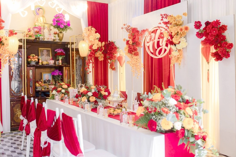 Mẫu trang trí gia tiên màu hồng pastel - cam - đỏ viên mãn